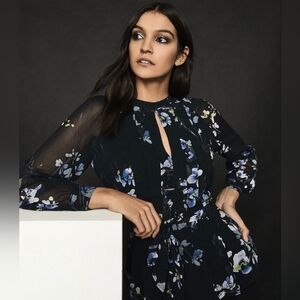 Reiss Robbie Floral Sheer Chiffon Open Back Peplum Blouse